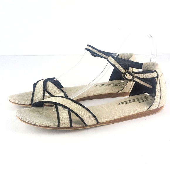 Toms Shoes - Toms Correa Flat Vegan Burlap Ankle Strap Sandal Tan and Black